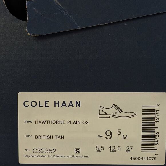 Cole Haan Hawthorne Plain Toe Oxford, British Tan Leather, Men\'s 9.5 M